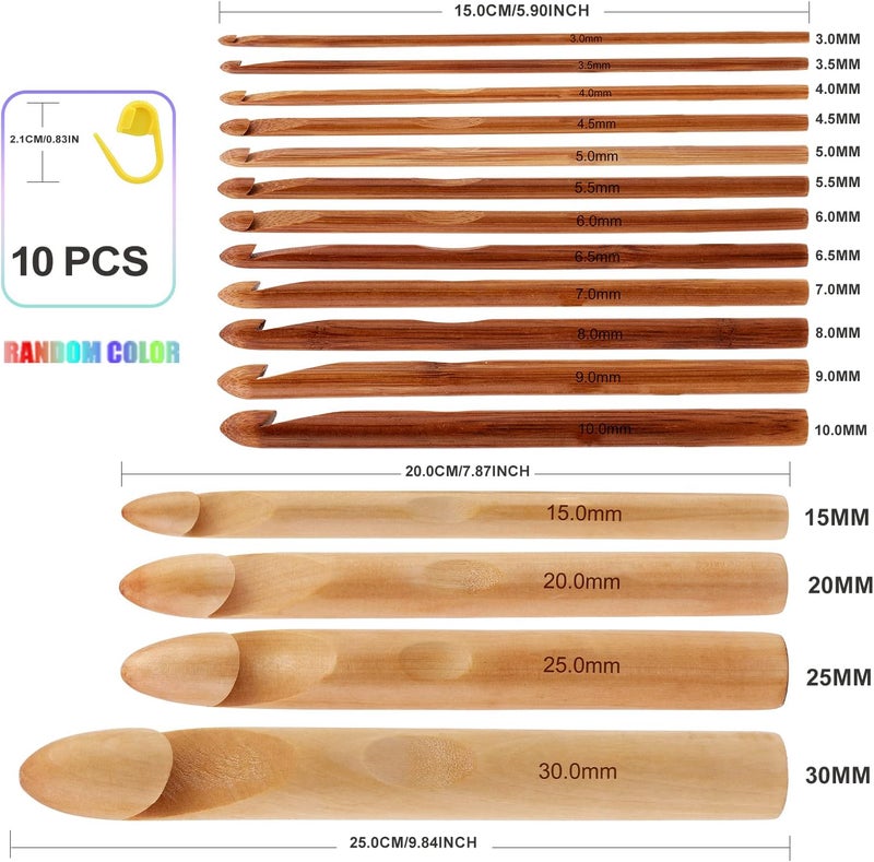Dercuy 16 Pieces Wooden Crochet Hooks, 3 to 30 mm in Diameters Handle Crochet Hook Knitting Crochet Needles with 10 pcs Knitting Stitch Markers for Handcraft Crocheting - Image 2